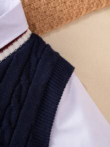 2pcs/Set Boys' Classic School Style White Shirt And Sweater Vest - Blue and White - View 6