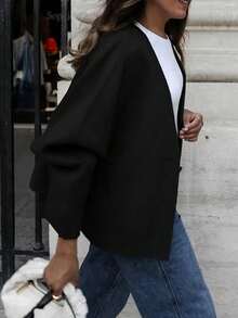 Women's Casual Solid Color Jacket, Versatile For Daily Wear, Autumn/Winter - Black - View 3