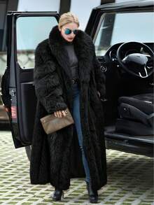 Chic Women's Black Faux Fur Coat Loose Fit Long Length Regular Long Sleeve Fuzzy Detail Waterfall Neckline