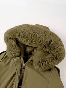 Women's Mid-Length Jacket With Faux Fur Collar And Belt, Suitable For Autumn/Winter - Army Green - View 4