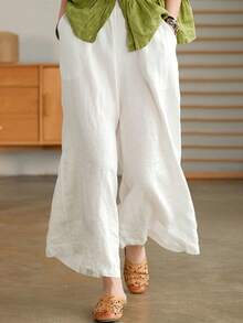 Plus Size High Waisted Wide Leg Pants Solid Elastic Waist Loose Fit Flowy Trousers With Pockets - 白色 - 查看 4