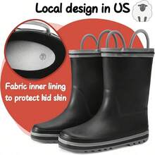 Kids Rain Boots Waterproof Printed Rubber Boots With Handles - Black - View 2