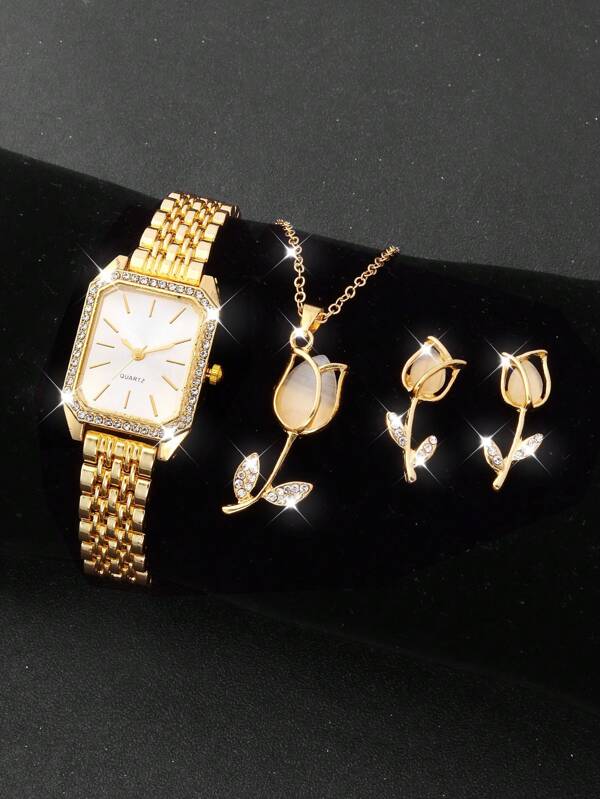 1 pieza Reloj de cuarzo de lujo con cadena cuadrada para mujer y Set de 3 piezas de joyería con flores de tulipán, adecuado para la temporada de regreso a clases