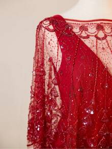 雪纺 V 领无袖连衣裙配蕾丝披肩，圣诞晚礼服配免费披肩 - 紅色 - 查看 5