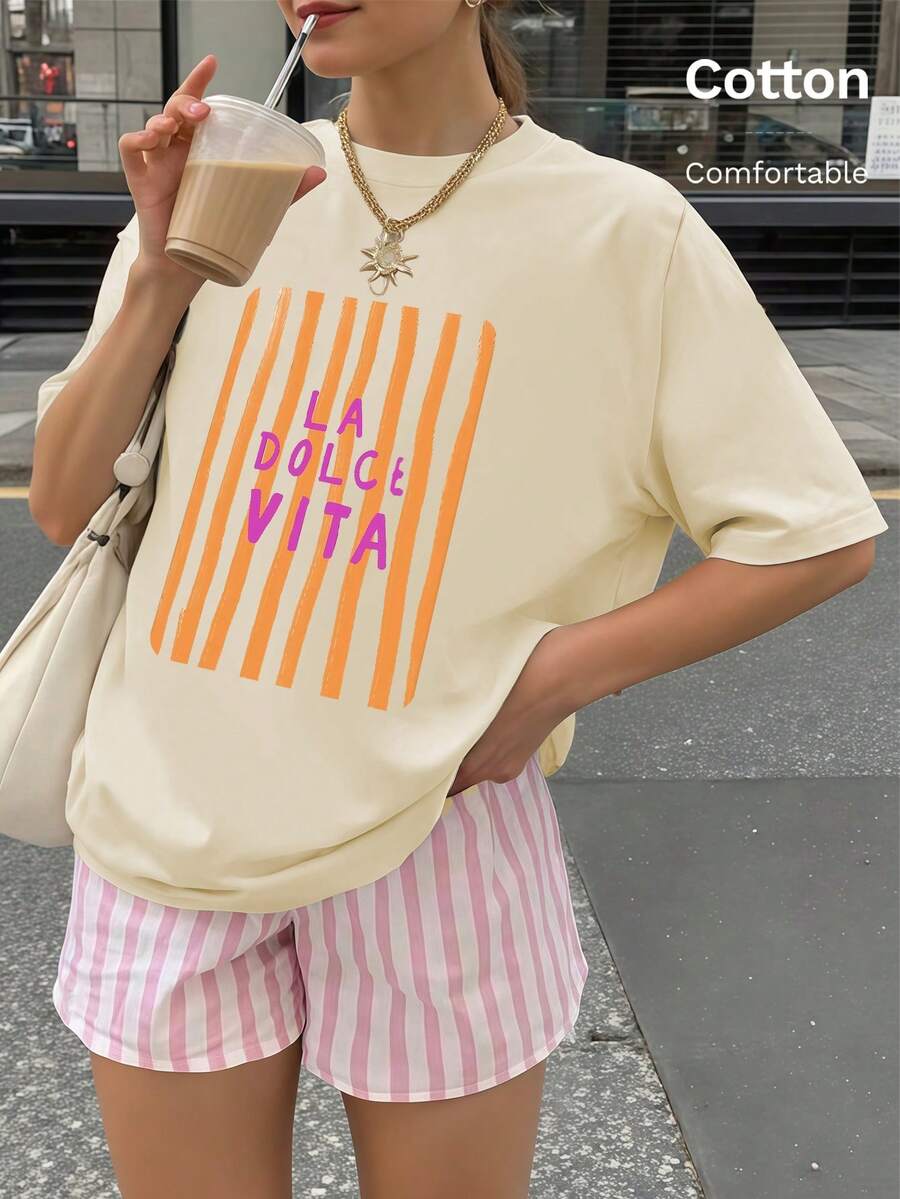 可愛女款奶油色 LA DOLCE VITA 印花短袖圓領修身 T-shirt,適合夏季時尚、戶外、Y2K 風格 - 淡杏色 - 查看 1