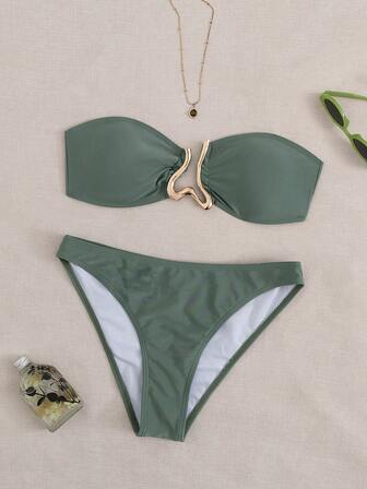Conjunto de traje de baño de mujer con decoración de clips dorados con abertura, bikini de bandeau para fiestas y playa