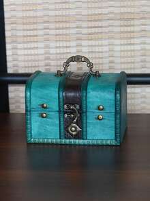 1pc Handmade Vintage Square Wooden & Leather Jewelry Box Blue-Green Color Treasure Chest With Lock, Charming Rustic Elegant Compact Lockable Jewelry Storage Box For Rings Necklaces Earrings Bracelets, Decorative Home Decor Piece For Dressing Table Vanity Bedside, Perfect Holiday Gift For Christmas Thanksgiving Halloween Weddings Anniversaries Birthdays Romantic Keepsake Travel-Friendly Organizer For Small Accessories