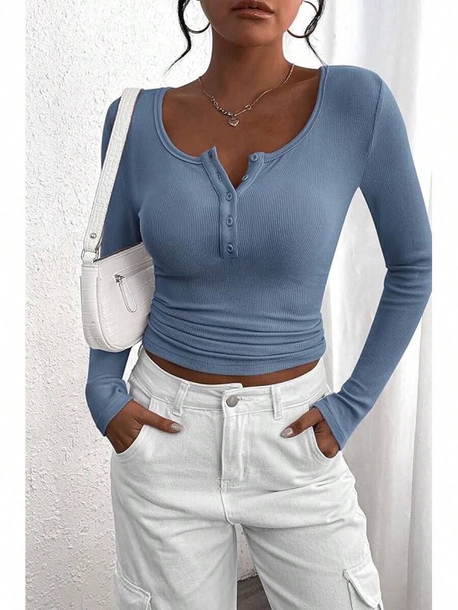 Women's 2025 Fall Long Sleeve Henley Shirts Button Ribbed Knit Casual Basic Tops Blouse - Xanh xám - Xem 1