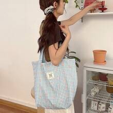 Shoulder Bags - Etiqueta tejida de un solo hombro con cuadros azules - Ver 2