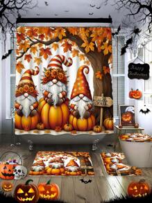 1/4 Pcs Thanksgiving Autumn Shower Curtain Set, Pumpkin & Maple Leaf Cute Harvest Burnt Orange Waterproof Polyester Washable Autumn Bathroom Shower Home Decor Gift With 12 Hooks Non-Slip Bath Mat U-Shaped Toilet Seat Cover