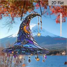 1pc 2D Flat Acrylic Stained Glass Window Style Moon And Star Acrylic Witch Hat Hanging On The Wall - Perfect For Home, Garden, Porch, And Bedroom Party Decoration, Bohemian Grid Style Home Decoration, 2D Flat