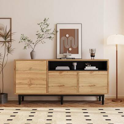 Modern Wooden Sideboard With Three Doors And Shelves, 160 X 35 X 76, Easy Assembly, Space-Saving Design, Sturdy And Reliable.