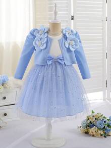 BASUSARRI 2 件年轻女孩优雅薄纱公主裙套装，无袖吊带背心裙和长袖开衫套装，时尚优雅公主风格，春秋季 - 淺藍色 - 查看 3