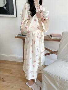 1 件女士新款韩版简约舒适浴袍，蝴蝶结休闲宽松长袍 - 粉紅色蝴蝶 - 查看 3