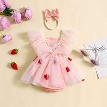 Baby Girls First Birthday Outfit 1st Birthday Party Dress Newborn Fairy Tulle Tutu Romper Dress Floral Embroidery Bodysuit Cake Smash Dresses - Pink Strawberry - 查看 2