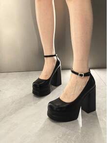 Mary Jane High Heeled Sandals Platform Chunky Heels For Women Closed Square Toe Buckled Ankle Strap ​Sandals Fashion Dress Party Pumps Valentine's Day Outfits - 黑色PU - 查看 4