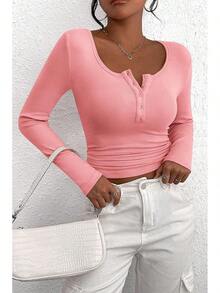 Women's 2025 Fall Long Sleeve Henley Shirts Button Ribbed Knit Casual Basic Tops Blouse - Pink - View 5