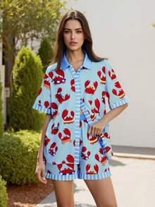 Conjunto de pijama de 2 piezas para mujer con estampado de cangrejo lindo, camisa de manga corta + pantalones cortos de cintura elástica, ropa de estar en casa - Azul - Ver 2