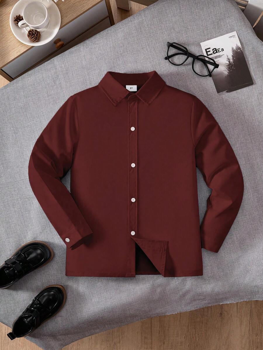 Tween Boy Classic Collegiate Style Casual Party Pageboy Pocket Patch White Formal Long Sleeve Shirt - Burgundy - View 1