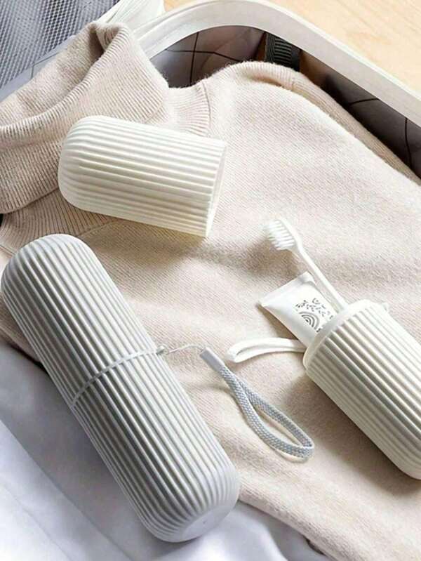 Estuche de viaje para cepillo de dientes, vaso portátil a rayas verticales, vaso para cepillo de dientes, vaso de baño, soporte para cepillo de dientes para dormitorio y viaje (color aleatorio para la cuerda del tubo de pasta de dientes, moldeado normal flash para productos de plástico)