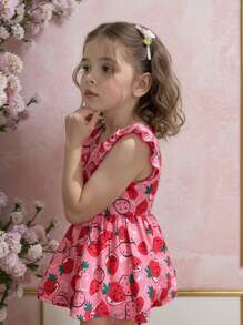 1pc Young Girl Countryside Strawberry Print Cap Sleeve Dress, Spring/Summer