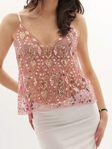 Women's Sequin Slim Camisole Spaghetti Strap V-Neck Slim Fit Cropped Tank Tops Streetwear - Nhiều màu - Xem 1