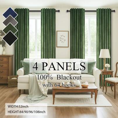 Topfinel 4 Panels Solid Color Velvet 100% Blackout Curtains Soundproof Noise Reduction For Living Room And Bedroom Machine Washable Home Decor