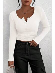 Women's 2025 Fall Long Sleeve Henley Shirts Button Ribbed Knit Casual Basic Tops Blouse - 白色 - 查看 7