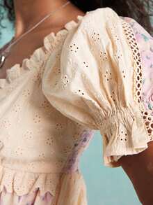 Women's Summer Dress Puff Sleeves Contrast Lace Up Lettuce Trim Shirred A-Line Mini Dress Elegant Dress Tea Party Dress Vacation Dress - 紫色 - 查看 4