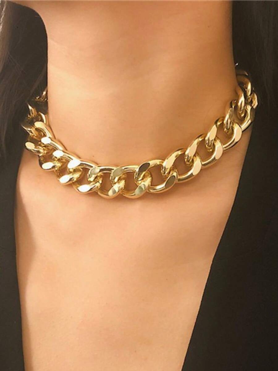 1pc Women's Punk Style Chunky Metal Chain Necklace, Minimalist European And American Design - Yellow Gold - View 1