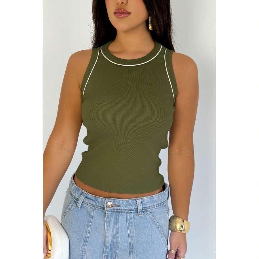 Women's Basic Tank Top With Detail Elegant Blouse Ribbed Fabric Promotion Black/Beige/Chocolate - Army Green - View 1
