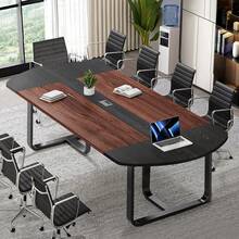 8FT Conference Table, 94.5L X 47.3W X 29.5H Inches Boat Shaped Meeting Table With Rectangle Grommet, Modern Seminar Boardroom Table For Office Conference Room (8ft, Walnut & Black) - Black - View 1