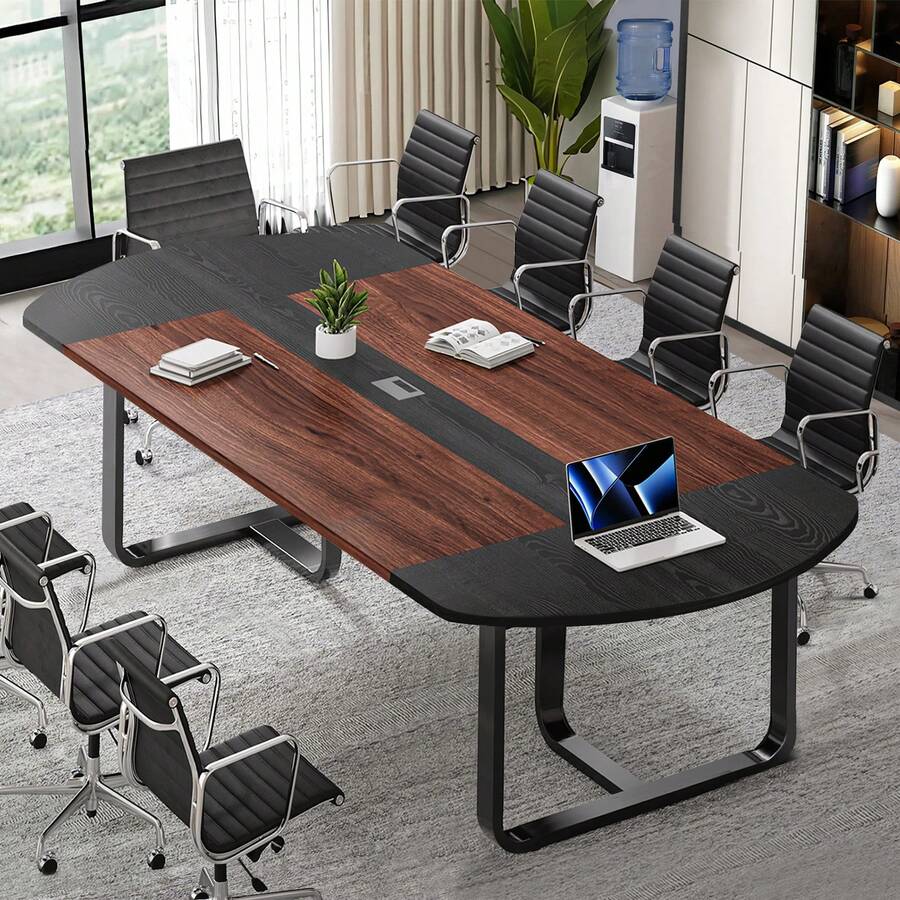 8FT Conference Table, 94.5L X 47.3W X 29.5H Inches Boat Shaped Meeting Table With Rectangle Grommet, Modern Seminar Boardroom Table For Office Conference Room (8ft, Walnut & Black) - Black - View 1