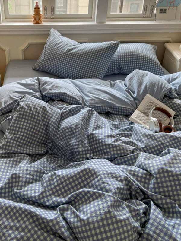 Ensemble de literie confortable, couverture de lit à carreaux bleu-violet, ensemble de literie 3 pièces (1 * housse de couette + 2 * taies d'oreiller, sans rembourrage), motif à carreaux minimaliste, 100% polyester, tissu double gaze, avec fermeture éclair et liens aux coins, convient à toutes les saisons