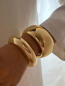 1 件简约基本款设计粗袖口手镯，轮状手镯臂带，适合女士日常佩戴，金色精美抛光手镯 - 金色 - 查看 9