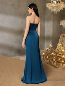 Alisa&Leo 少女缎面露肩毕业礼服，搭配不对称美人鱼裙 - 荷叶边褶皱、侧开衩，适合学校活动、庆典和青春正装 - 藏蓝色 - 查看 2