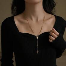 1 件不锈钢金色念珠链，十字架吊坠项链，欧美流行款式 - 金色 - 查看 2