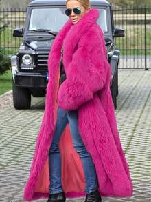 FHILLINUO 女士长款玫瑰红仿皮草外套，宽松版型，瀑布领，常规袖长，蓬松时尚冬季外套 - 玫紅 - 查看 5