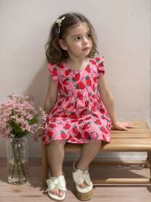 1pc Young Girl Countryside Strawberry Print Cap Sleeve Dress, Spring/Summer