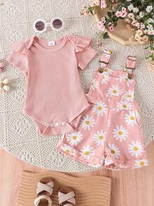 Uniform 2pcs Baby Girls' Cute Short Sleeve Ruffle Bodysuit And Flower Print Overalls Set, Summer, Warm Pink Set Suitable For Daily Summer Fun - Pink - View 5