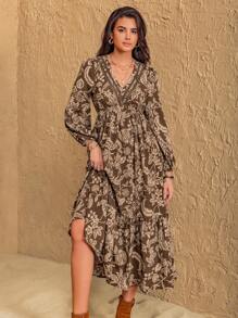 Rusttydustty Bohemian Women Plus Size Floral V-Neck Elegant Dress Casual Natural Comfortable Beach Holiday Music Festival