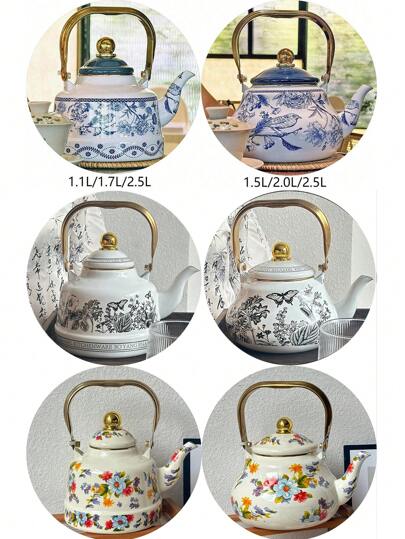 1 Juego de Tetera esmaltada, Olla esmaltada con encanto oriental, Patrón a cuadros de limón, Patrón de pájaro azul bajo esmalte, Artículos maravillosos con gran atractivo estético como regalo, Adecuado para la cocina, la sala de estar, el patio y la mesa del comedor.