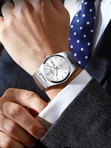 1 件男士石英不锈钢表带手表，带双日历和夜光表盘，商务休闲 - A - 查看 4