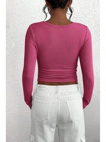 Women's 2025 Fall Long Sleeve Henley Shirts Button Ribbed Knit Casual Basic Tops Blouse - 玫紅色 - 查看 2