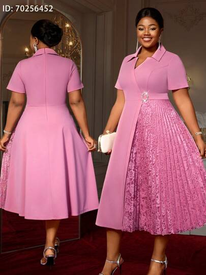 Pink Turn Down Collar A Line Dresses Lace Patchwork Short Sleeves Work Business Party Fashion Curve Women