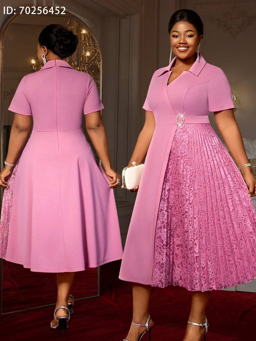 Pink Turn Down Collar A Line Dresses Lace Patchwork Short Sleeves Work Business Party Fashion Curve Women