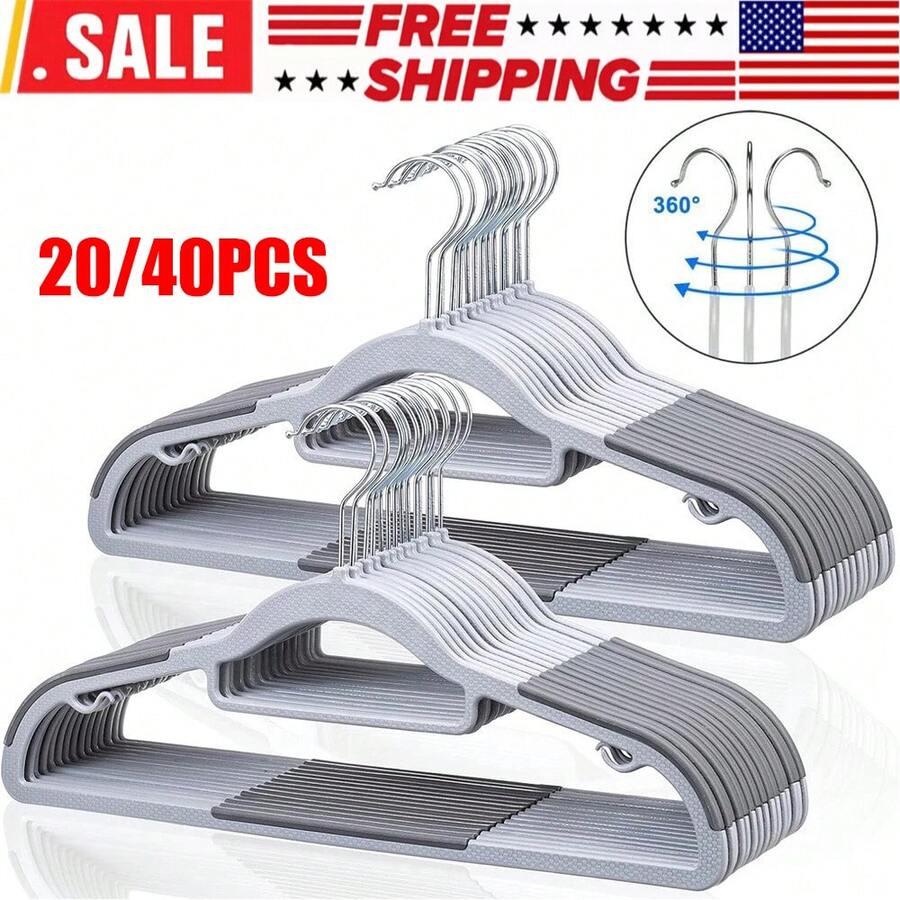 Clothes Hangers Plastic Premium 20/40-Piece With Non-Slip Pads - Durable & Elegant Closet Organizers For Shirts Everyday Standard Use Laundry Home And Wardrobe Enhancement 360 Degree Swivel Hook - 灰色 - 查看 1