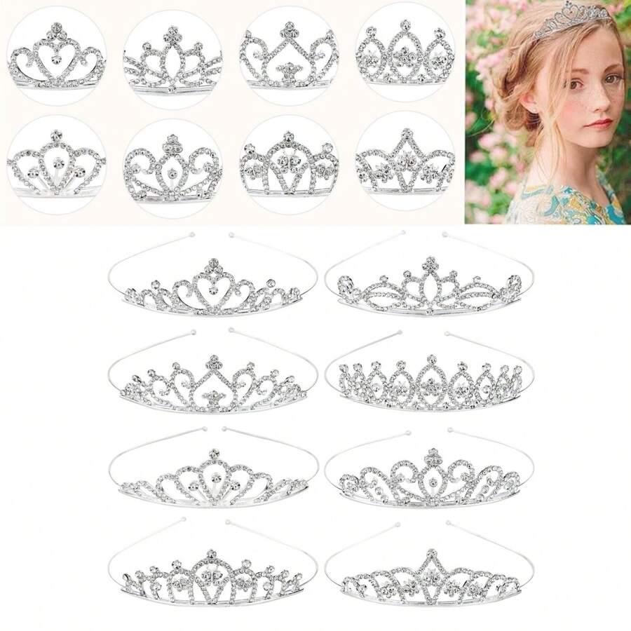 8 Pack Glitter Rhinestone Crown Headbands For Wedding Prom Birthday Party, Princess Sparkly Hair Tiaras, Silver Color Hair Styling Accessories For Brides Girls Women - Bạc - Xem 1