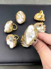 1pc Natural Baroque Freshwater Pearl & Beryl Gemstone Adjustable Ring, Fashionable Personalized Luxury Rhinestone Jewelry