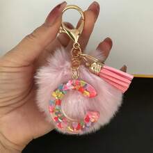 1pc Initial Letter Keychain, Cute Fluffy Ball Keyring, Bag/Backpack Charm, Car Pendant, Women Daily Gift